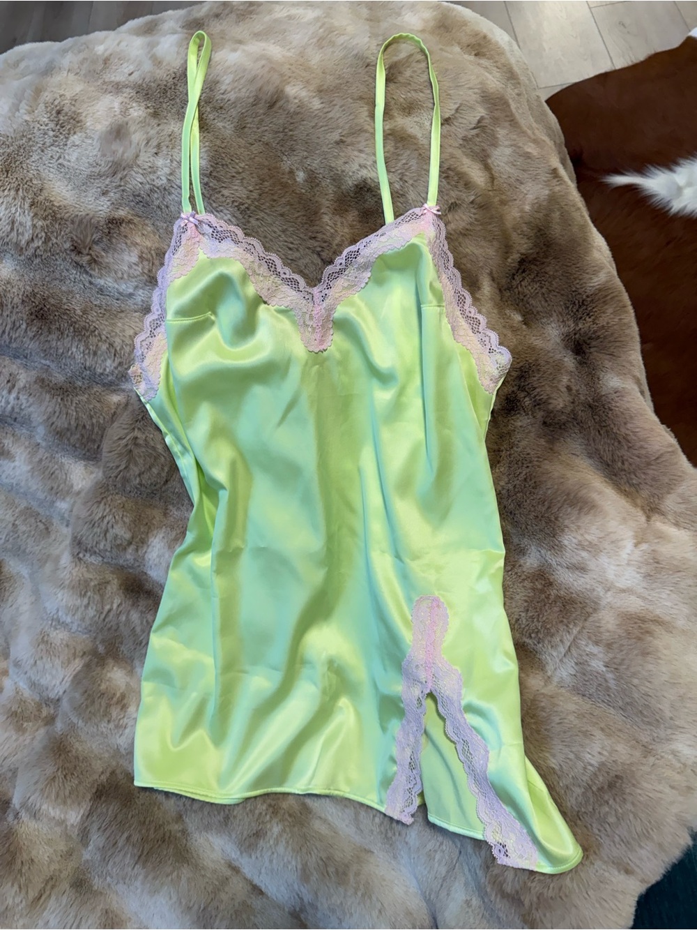 Victoria's Secret Neon Lime Satin Chemise with Pink Lace